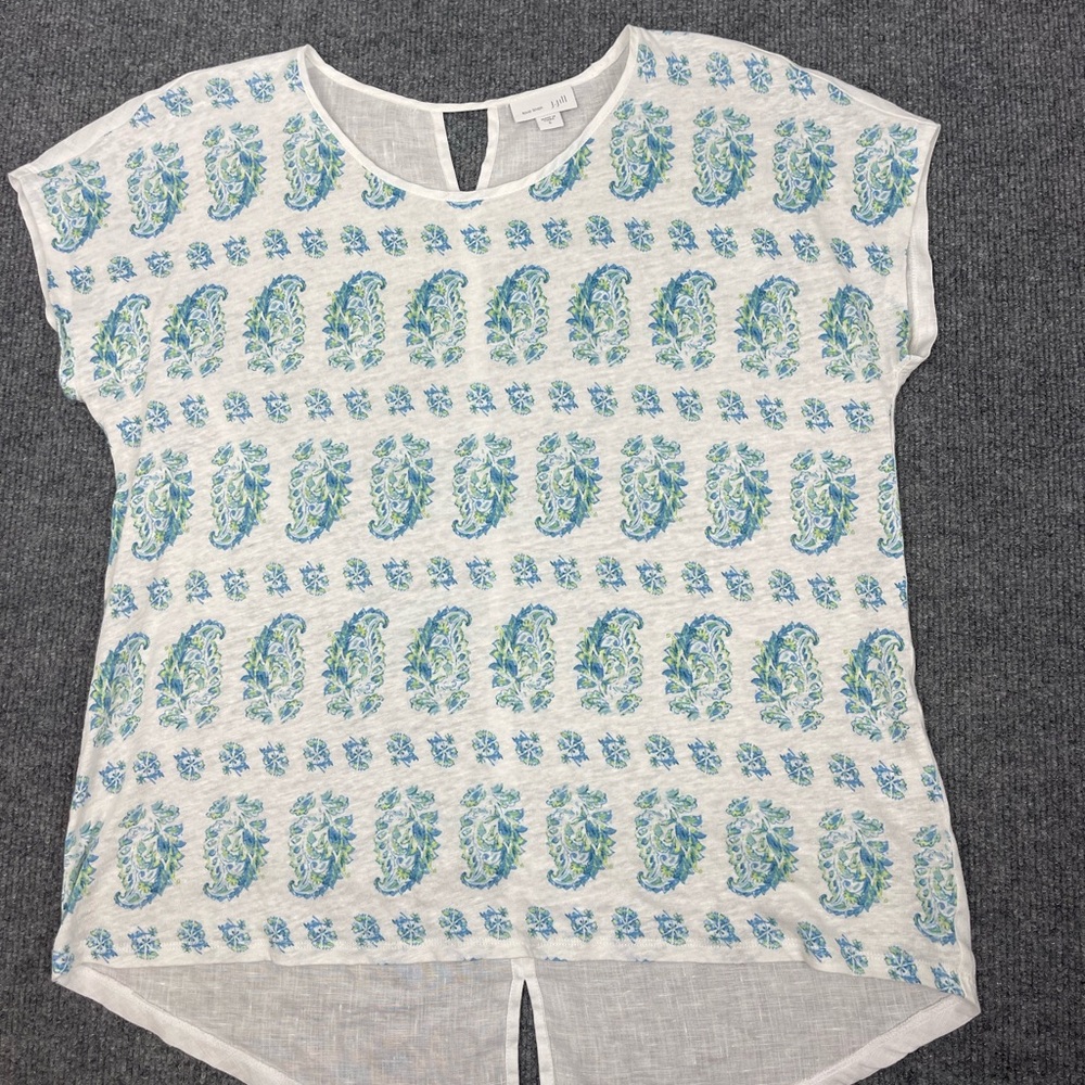 J.Jill Love Linen Top White Blue Paisley Cap Sleeve Womens | S